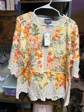 Democracy Cream Floral Crochet-Trim Tunic with Yellow & Orange Blooms